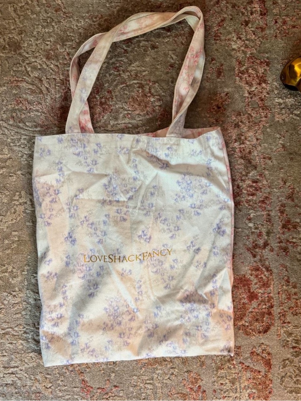 LoveShackFancy Pastel Floral Canvas Tote with Gold Logo